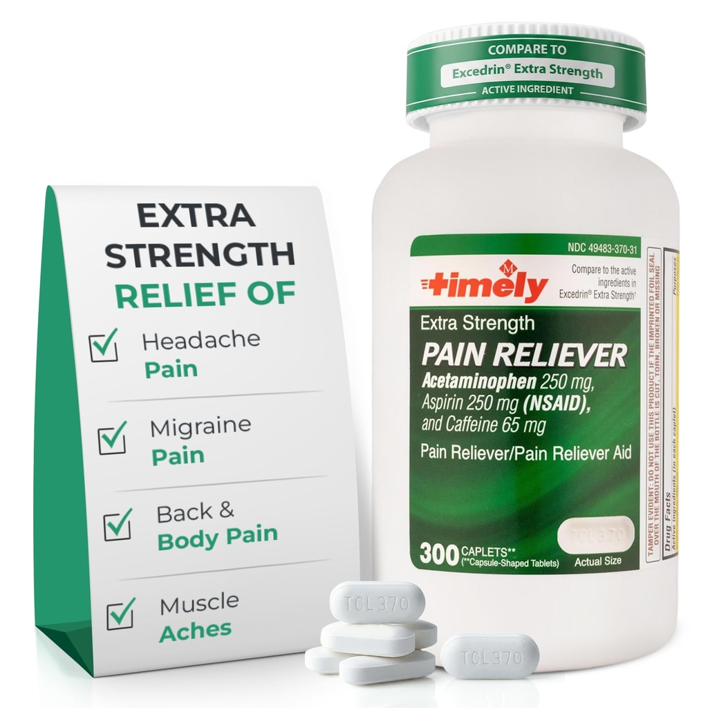 TIME-CAP LABS, INC. Timely Extra Strength Headache Relief - Acetaminophen mit Aspirin & Caffeine (300 Caplets) - Kopfschmerzen, Migräne & Rücken und Körper Schmerzen & Muskeln - Extra Strength - Made in USA
