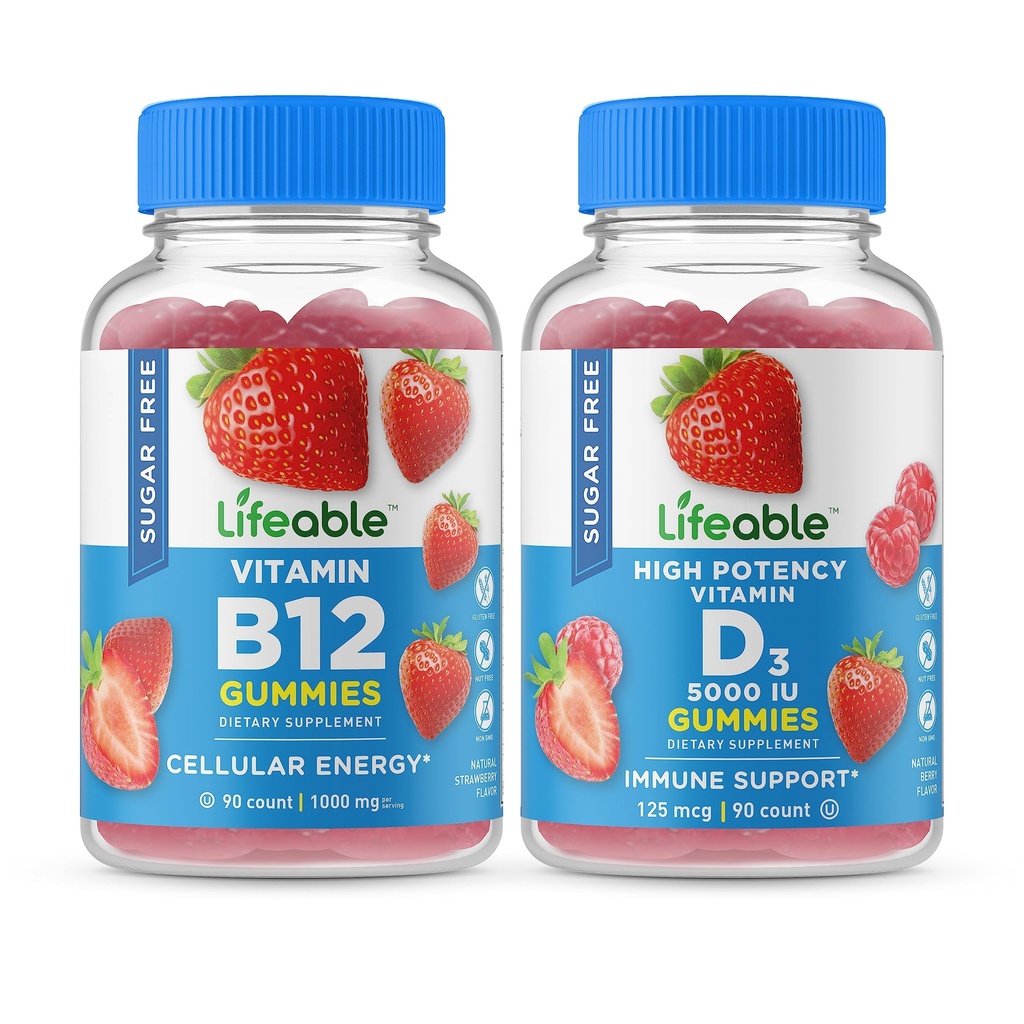 Lebensfähiger Zucker Kostenloses Vitamin B12 + Vitamin D 5000 IU, Gummis Bundle - Große Verkostung, Vitamin-Ergänzung, Glutenfrei, GMO frei, Kaugummi