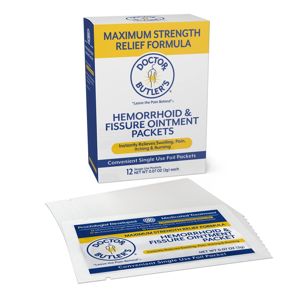 Doctor Butlers maximale Stärke Hämorrhoid & Fissure Salbe 12 to-Go Packets - Instant Schmerzlinderung Hämorrhoid Behandlung mit Lidocaine, Intern & Externes Juckreiz, Brennen und Schwellung Entlastung
