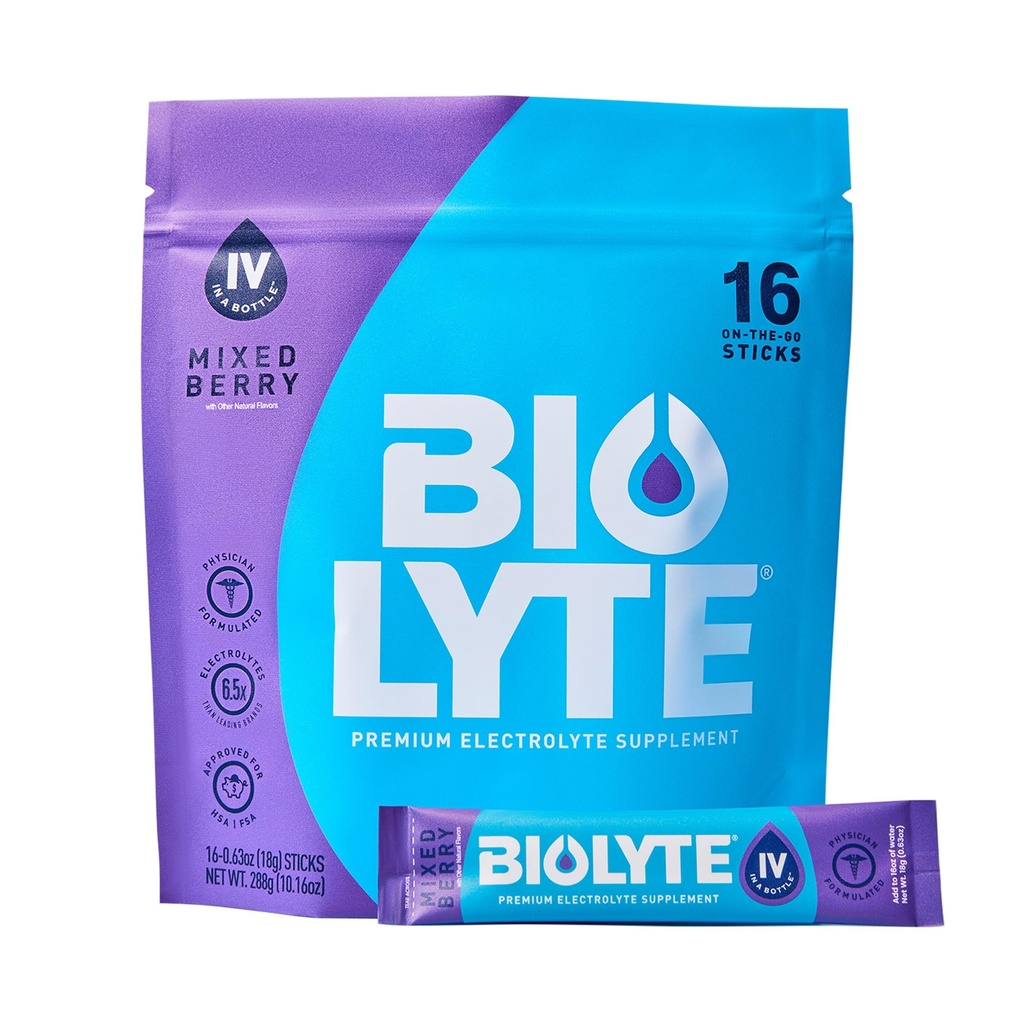 BIOLYTE IV Elektrolyt-Pulver-Packets, IV Flüssigkeits-Getränk-Mix für Wasser, Doctor-Developed Hydration, HSA genehmigt Dehydration Relief, Chemotherapie muss für Frauen und Männer - Mischbeere (16 Sticks)