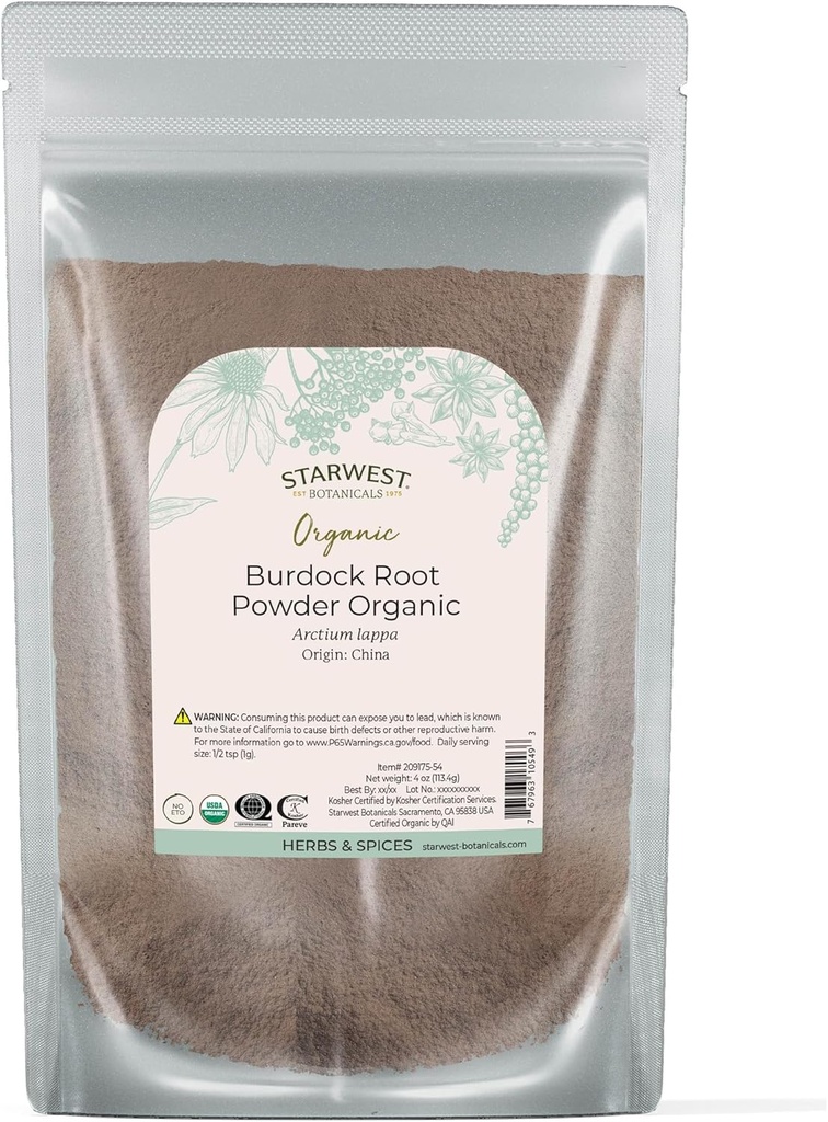 Starwest Botanicals Poudre de racine de dard biologique - Source naturelle d'antioxydants, Herbe molle pour thé, riz, soupe et ragoûts, Kosher certifié, non-OGM - 4 oz Pouch