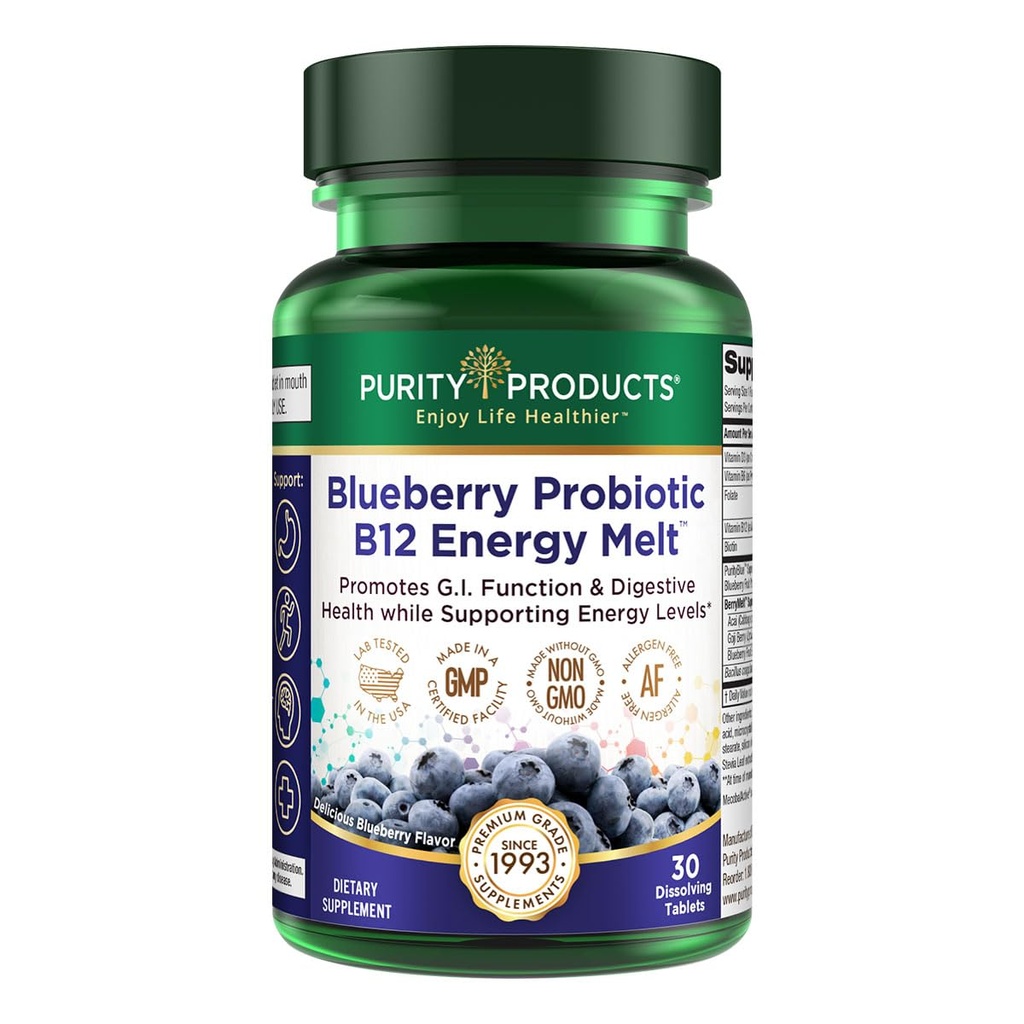 Produits de pureté Probiotique Blueberry B12 Énergie Melt Probiotique clinique - Bleuets biologiques, méthylcobalamine B-12-30 Melts