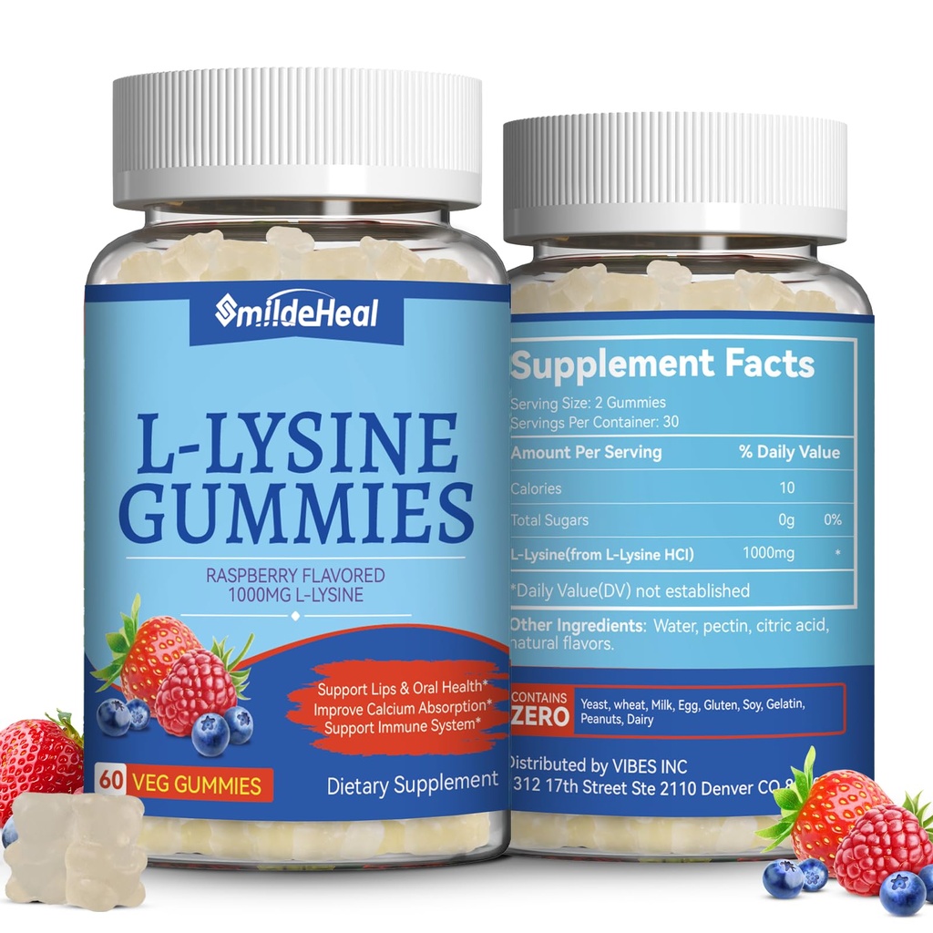 2 Pack L-Lysine 1000mg Gummi, Kaubare Lysin-Ergänzung für Erwachsene, Immununterstützung, Collagen Formation Support, Non-GMO, Vegan, Gluten Free - 120 Zähler