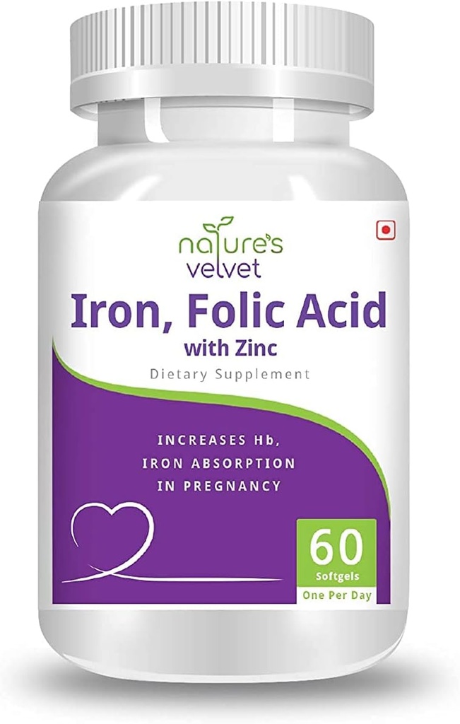 AZAZ Natures Velvet Lifecare Fer et acide folique au zinc, pour supplémentation en grossesse, 60 softgels - Pack de 1