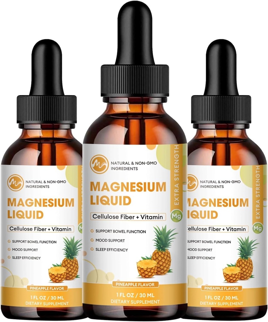 (3 Pack) Magnesium Glycinat Flüssigkeitstropfen, Hohe Absorption Magnesium Flüssigkeit mit Bromelain, Vitamin B6 C D, Magnesium Ergänzung für Kinder und Erwachsene, Nacht & Muskelunterstützung, Ananas Flavor