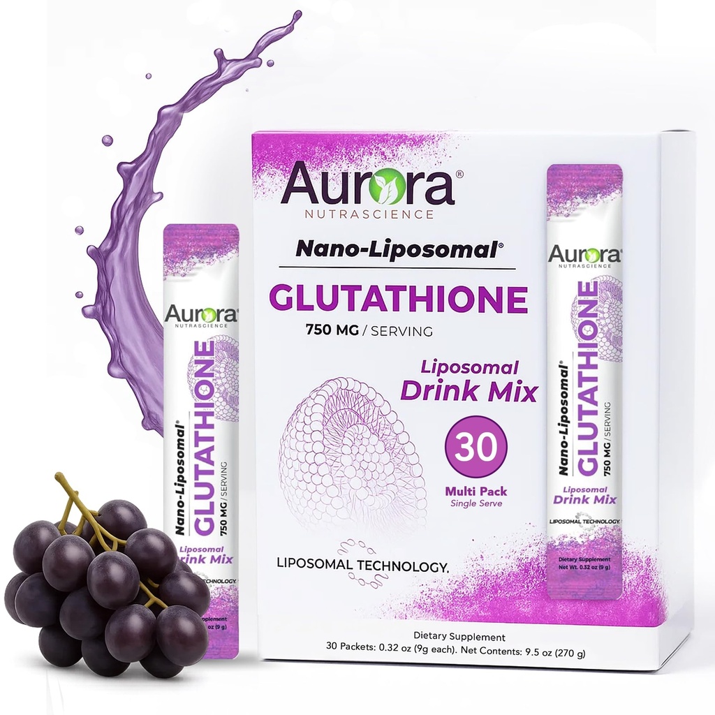 Aurora Nutrascience Nano-Liposomale Glutathione, Traubenpulver-Mischung Immun- & Antioxidant Gut Health Support Supplement, 750 mg pro Servierung, Non-GMO, Sugar-Free, 30 Single Serve Packets