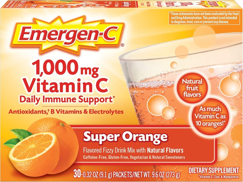 Emergen-C 1000mg Vitamin C Pulver für tägliche Immununterstützung Koffeinfreie Vitamin C Ergänzungen mit Zink und Mangan, B Vitamine und Elektrolyte, Super Orange Flavor - 30 Count