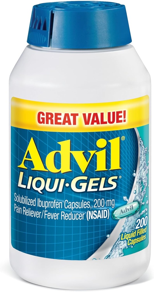 Advil Liqui-Gels Pain Reliever und Fever Reducer, Schmerzmedizin für Erwachsene mit Ibuprofen 200mg für Kopfschmerzen, Rückenschmerzen, Menstruationsschmerzen und Gelenkschmerzen Relief - 200 flüssige gefüllte Kapseln
