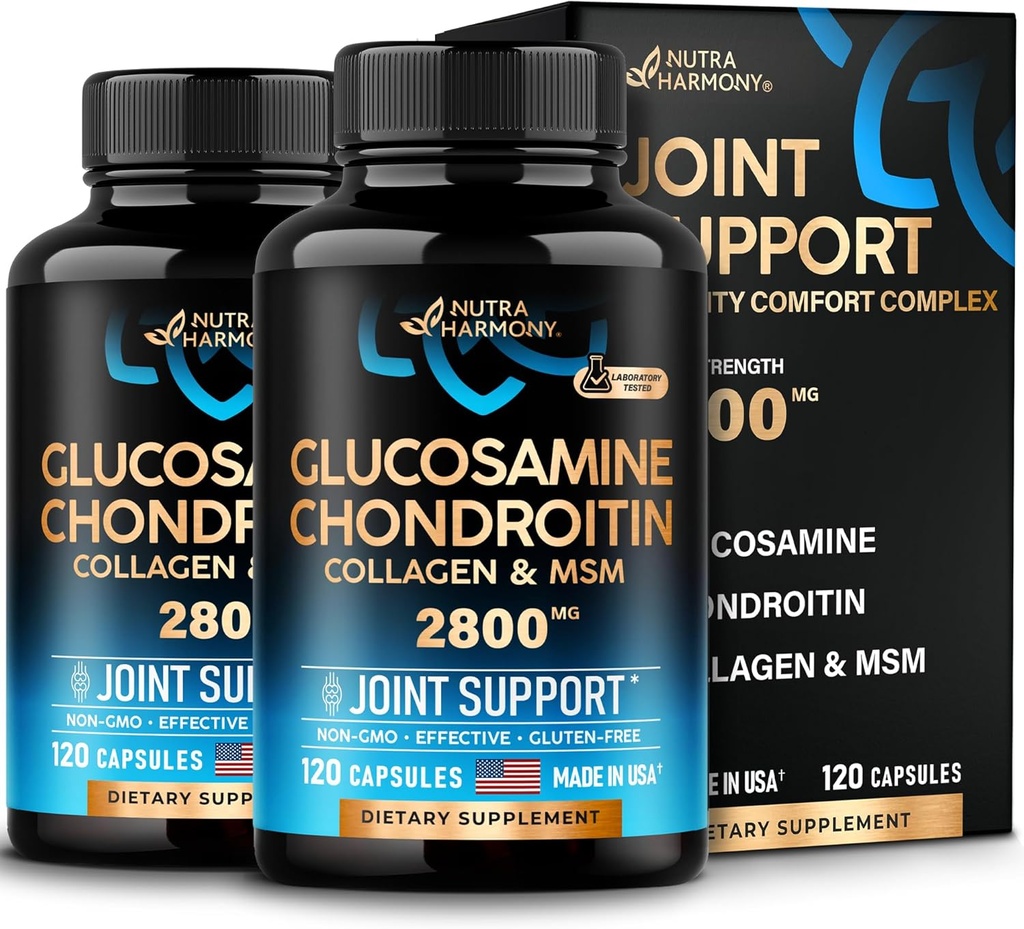 Glucosamine Chondroïtine MSM Collagène , Supplément de soutien conjoint 2800 mg , Fabriqué aux États-Unis , Flexibilité Vitamines nutritionnelles , Paquet de 2