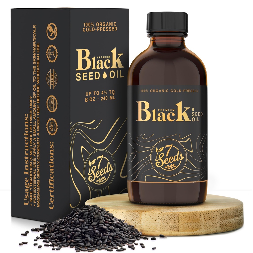 7 graines Huile de graines noires pressées à froid - 240 ml Nigella Sativa liquide pressé à froid pour le support immunitaire, support en inflammation, digestion, cheveux et peau (8 Fl Oz)