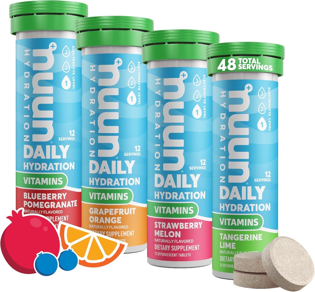 Nuun Vitamine Elektrolyt Tabletten mit Vitamin D, C, E, A, & B6, Folsäure, Magnesium & 4 andere essentielle Elektrolyte, Glutenfrei & Vegan, gemischte Frucht, 4 Packung (48 Portionen insgesamt)