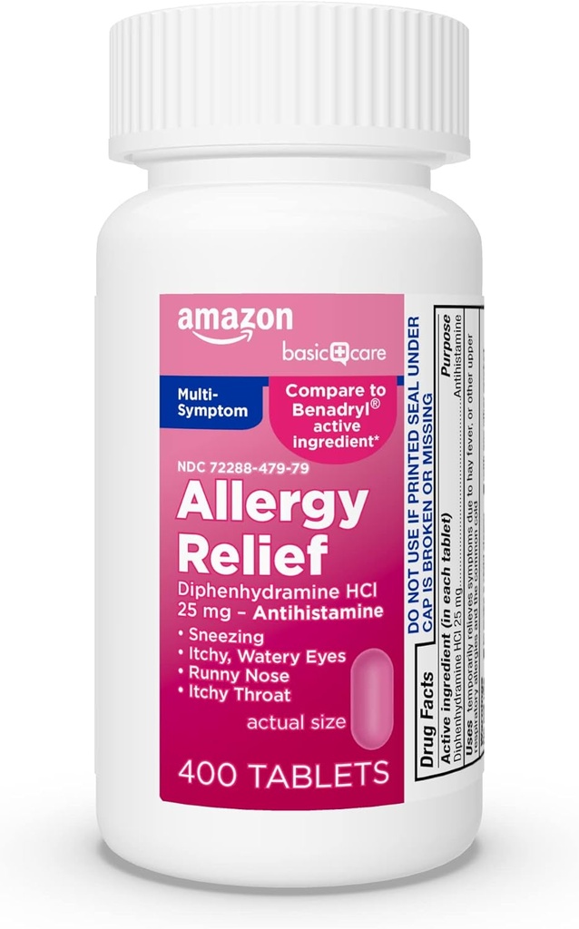   Basic Care Complete Allergy Relief, Diphenhydramine HCl 25 mg, Relieves Symptoms, Antihistamine Tablets, 400 Count