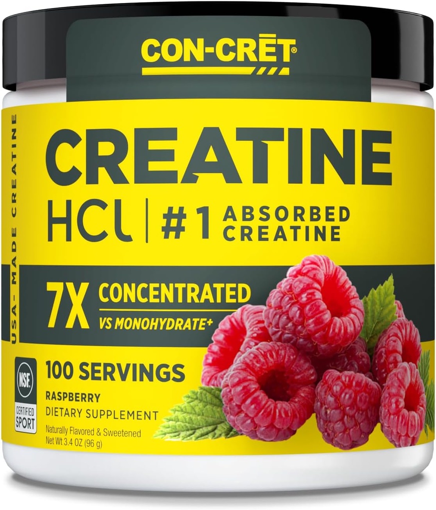 CON-CRET Creatine HCl Powder | Muscle, Cognitive, Cellular Energy Support | No Bloating or Cramps | USA Made & NSF Certified | Raspberry (100 Serving)