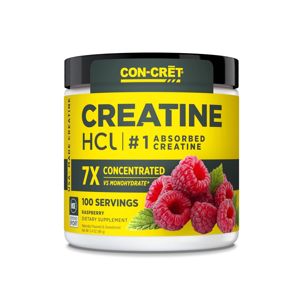 KON-CRET Kreatin HCI Pulver | Muskel, kognitiv, Cellular Energy Support | Keine Bloating oder Cramps | USA Made & NSF Zertifiziert | Raspberry (100 Servieren)