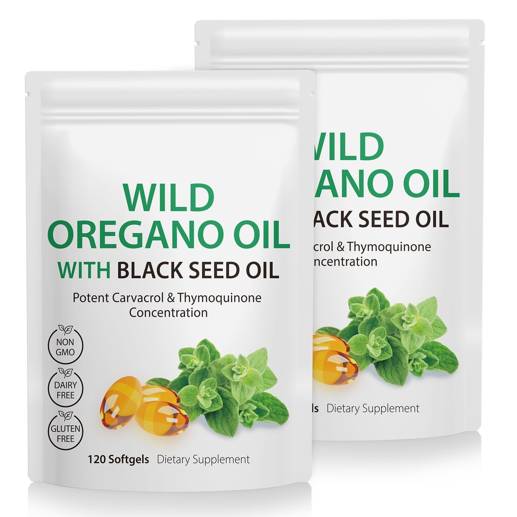 2 Pack Huile d'Origan Softgels, Origan Capsules d'huile, 165mg Carvacrol, 2 en 1 Huile de formule d'Origan avec l'huile de graines noires 200mg, Origan Capsules de supplément d'huile