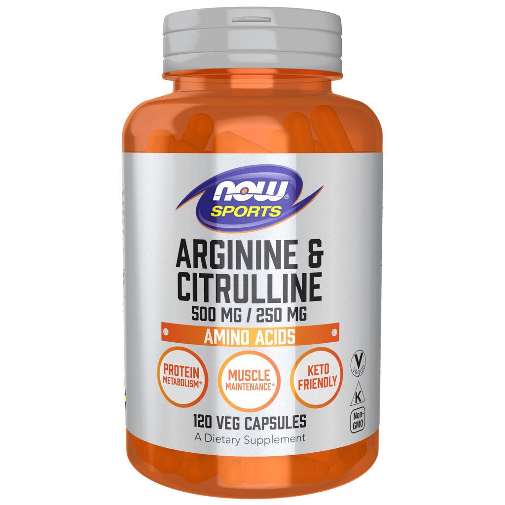 NOW Sporternährung, Arginin & Citrulline 500 mg/ 250 mg, Aminosäuren, 120 Veg Kapseln