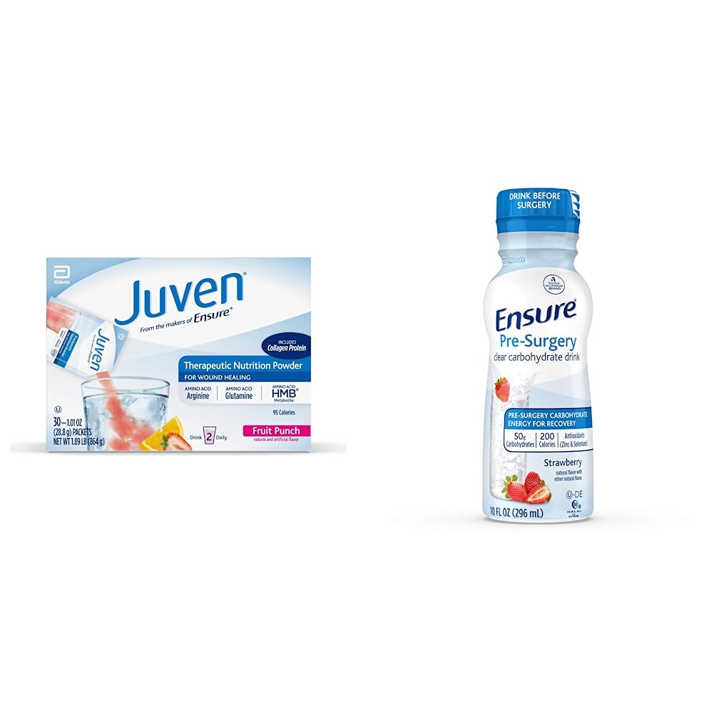 Juven Therapeutic Nutrition Drink Mix Powder for Wound Healing Support, Inclut Collagen Protein, Fruit Punch, 30 Compte et assurer la pré-chirurgie, boisson d'hydrate de carbone claire, fraise, 10 fl oz, 4 Compte