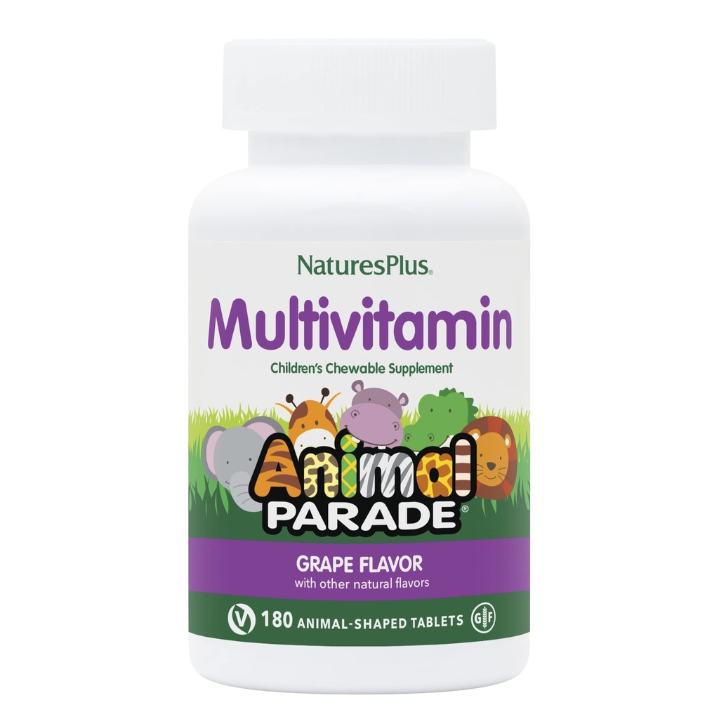 NaturesPlus Tierparade Kinder Chewable Multivitamin - Grau Flavor - 180 tierische Tabletten - Fördert Gesundheit und Wohlbefinden - Vegetarisch, Glutenfrei - 90 Servierungen