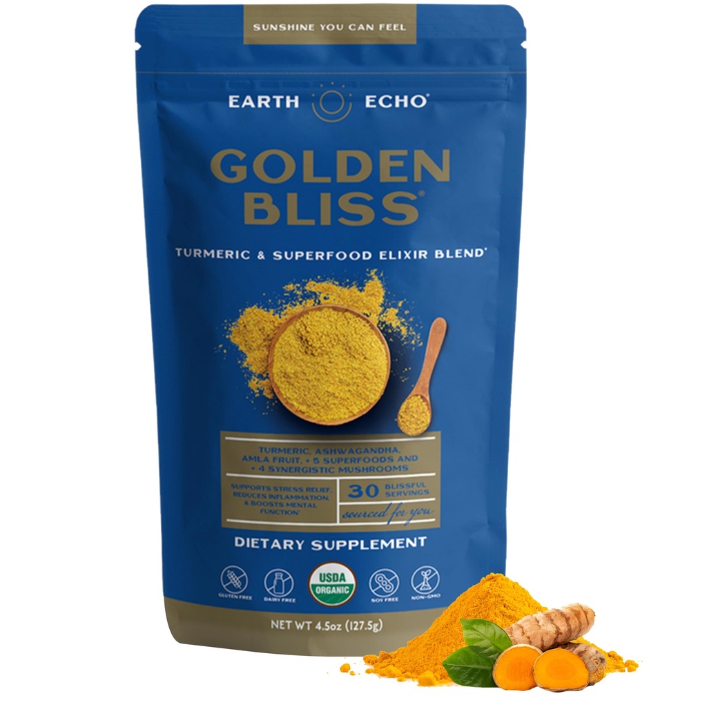 Earth Echo Golden Bliss, Organic Turmeric Superfood Elixir Blend mit Ashwagandha Root, MCT-Öl und 4 Pilz Blend für wiederkehrenden Schlaf, Immununterstützung und Reduziert Craving, Dairy-Free, 30 Servierungen