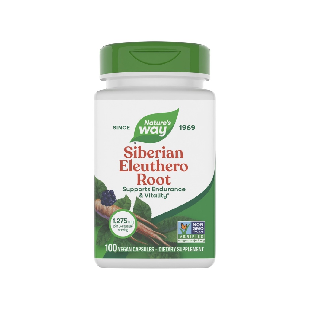 Nature's Way Premium Kräutersibirische Eleuthero Wurzelergänzung, unterstützt Endurance & Vitality*, Adaptogen*, 1.275mg pro 3-Capsule Serving, Non-GMO Project Verified, 100 Kapseln (Packaging May Vary)