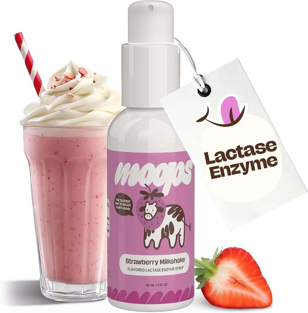 Moops Liquid Lactase Enzym Syrup 2oz – Delicious Strawberry Milkshake Flavor – 10.000 FCC Units for Fast Acting Dairy Relief – anpassbare Dose für Lactose Intolerance – Tragbare Twist-to-Lock Pumpe