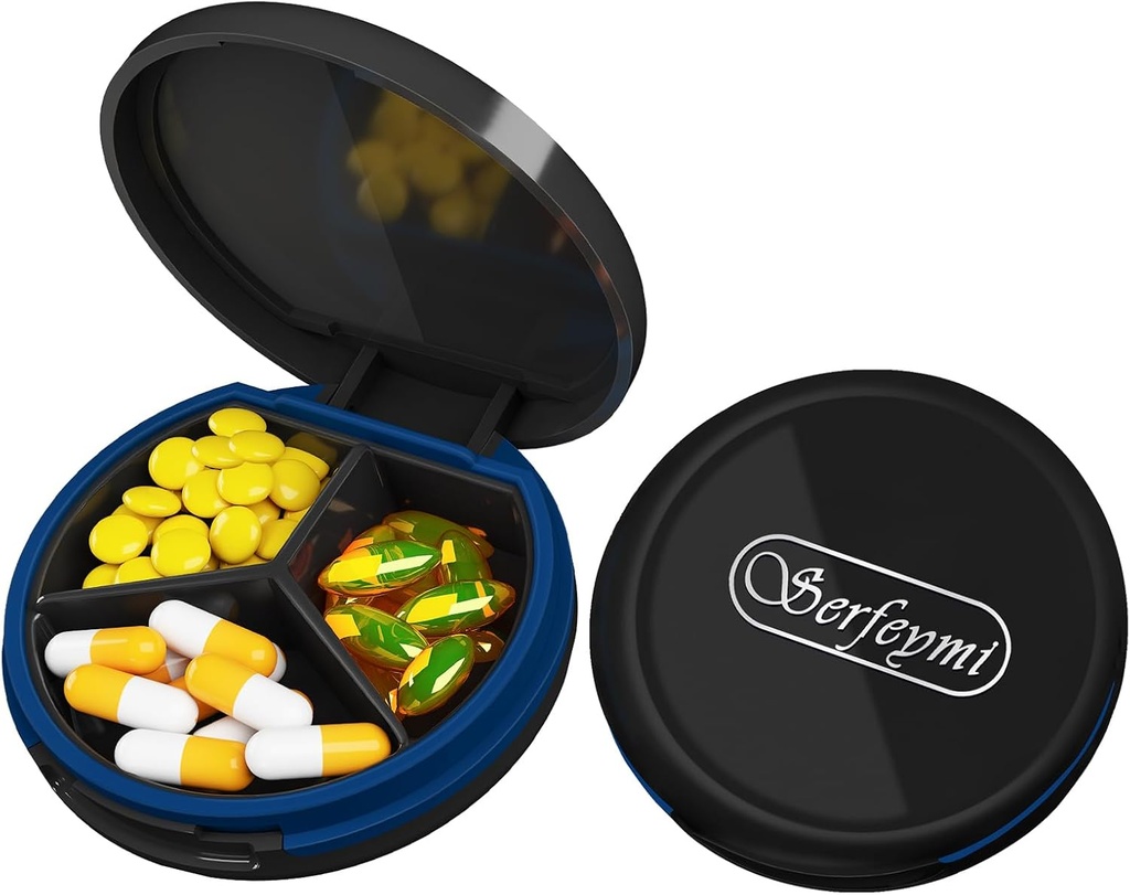 Serfeymi Petite Pill Box - 3 compartiments Portable Pill Box pour la poche de Purse, Compact Mini Travel Pill Case - Convient pour la médecine, vitamine, huile de poisson, suppléments - Noir(Logo)