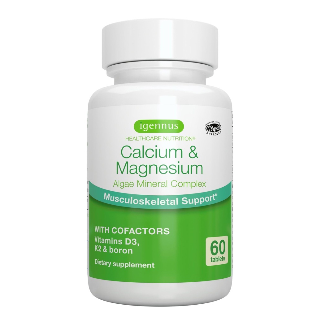 Igennus Algae Calcium & Magnesium Supplement, Pflanzenbasiert, hohe Absorption, K2 & D3, Non-GMO Red Algae Mineral Complex für Knochen & Zähne Unterstützung, für Frauen und Männer, mit Boron, Vegan, 60 Tabletten