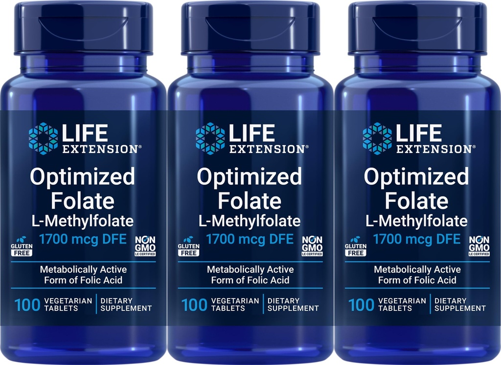 Life Extension Optimized Folate 1700 mcg DFE, 100 Vegetarische Tablets (Pack von 3)