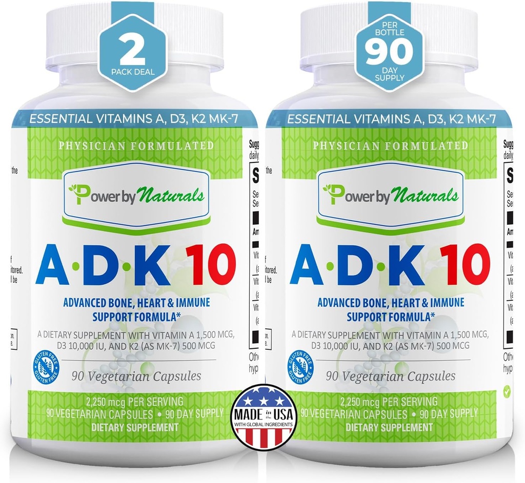 Power By Naturals ADK Vitamin Supplement – ADK 10 Hohe Potenz mit Vitaminen A, D3 10.000 IU & K2 MK7 für Superior Herz, Immun- und Knochengesundheitsunterstützung – 90 Kapseln, 2 Packung (6-Monatsversorgung)
