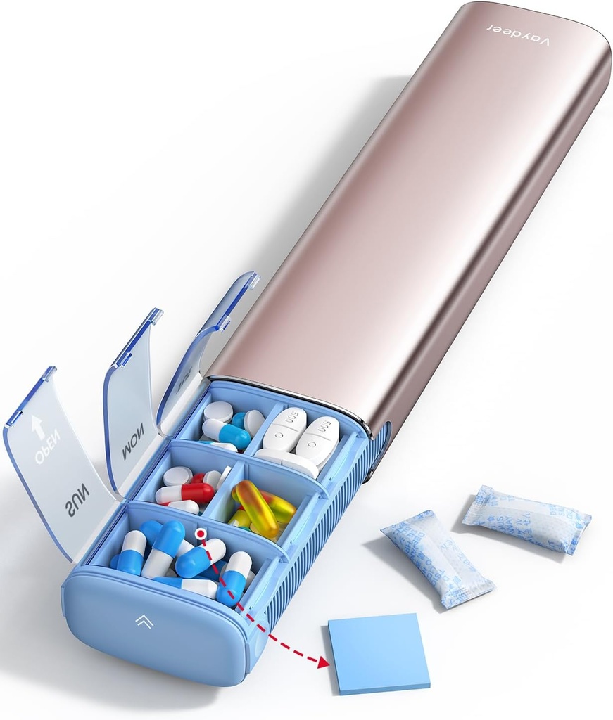 Vaydeer 7 Tage Wöchentliche Pille Organizer (Support 2 mal pro Tag), Metall Reise Pille Fall, große Kapazität Täglich süße Pille Box für Ergänzungen, Pillen, Vitamine und Medikamente (Rose Gold), 8.3*2.1*1.2 Zoll