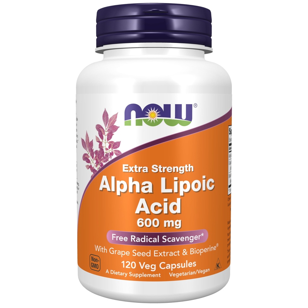 MAINTENANT Compléments alimentaires, acide alpha lipoïque 600 mg avec extrait de graines de raisin et bioperine®, extra-résistance, 120 capsules de légumes