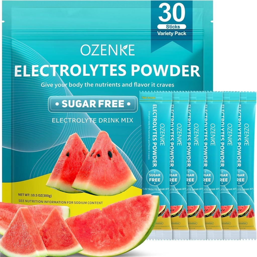 Elektrolyte Pulver-Packets,30 Sticks Hydration Packets Zuckerfrei, Elektrolyt-Getränk-Mischung tragbare Elektrolyt-Packets für schnelle Hydration, 0 Zucker & 0 Kalorien, Wassermelone Flavor