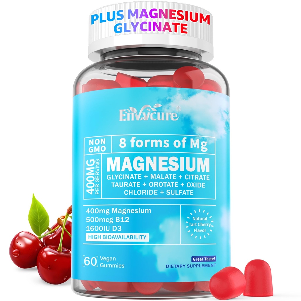 Magnesium-Gummien 400mg | als 8 Formen von Magnesium-Glycinat, Malat, Citrat, Taurat, Oxide und mehr | mit Ashwagandha-Extrakt, D3 & B12 Unterstützt für Kalm, Zzz, Mood, Muskel-Kreb - Vegan 60 Cts
