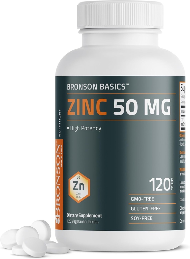 Bronson Zinc 50 MG High Potency unterstützt Hautgesundheit - Non-GMO, 120 vegetarische Tabletten