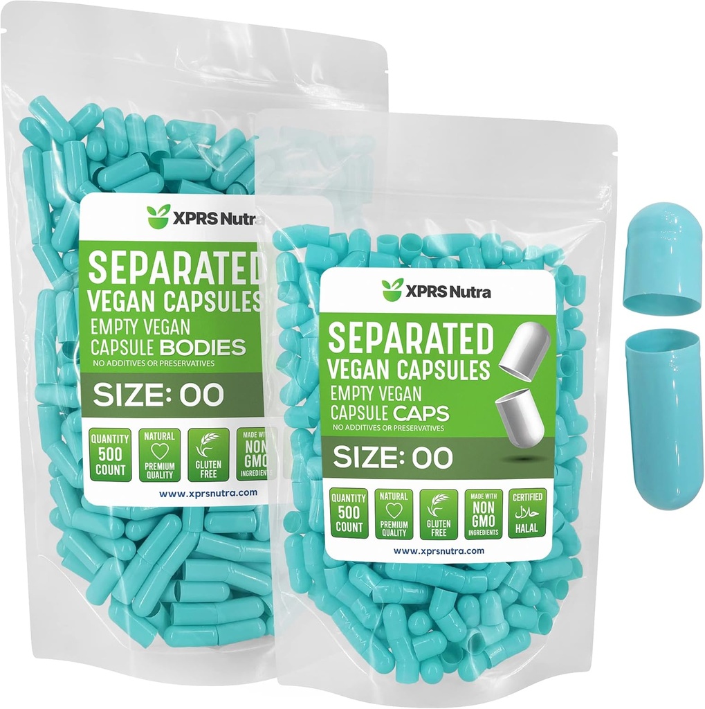 XPRS Nutra Vegan Größe 00 Getrennte Kapseln - 500 Count Premium Leere Kapseln Getrennt in Taschen - 00 Pillen Leer für DIY Ergänzung Füllung (Aqua)