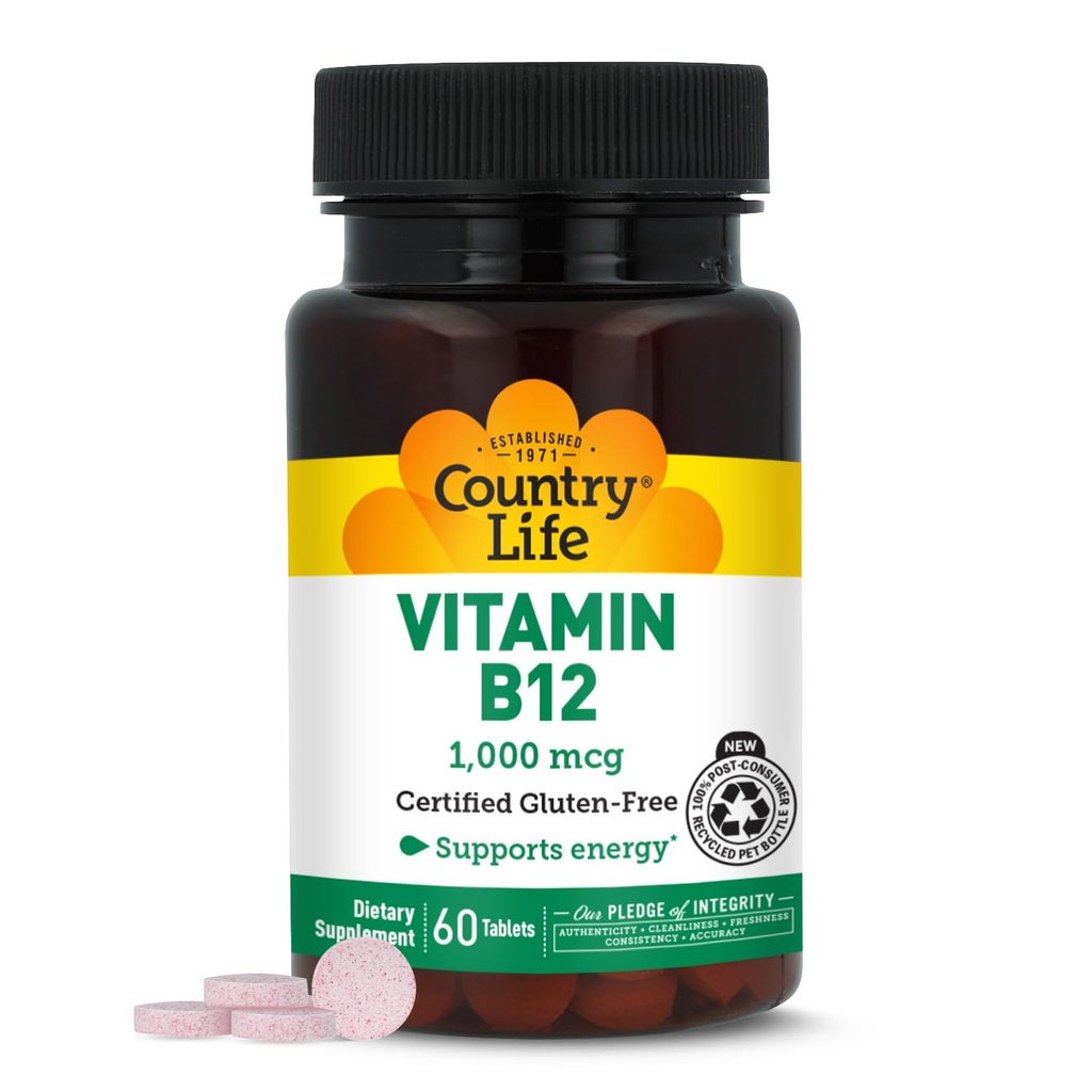 Country Life Vitamine B12 Supplément - Essentiel pour la fonction cérébrale, la santé nerveuse, les globules rouges - Idéal pour la prévention de l'anémie - Vitamine végétalienne B, 1000 mcg - Sans gluten, 60 comprimés