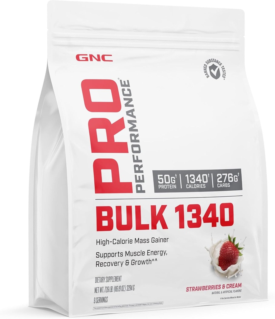GNC Pro Performance Bulk 1340 Maß Gainer Protein Pulver, 50g, Glutenfrei, Whey, Kreatin, BCAA, 3. Partei Getestet, Muskel Erholung & Wachstum, Mikronährstoffe, Erdbeeren und Creme, 9 Servierungen