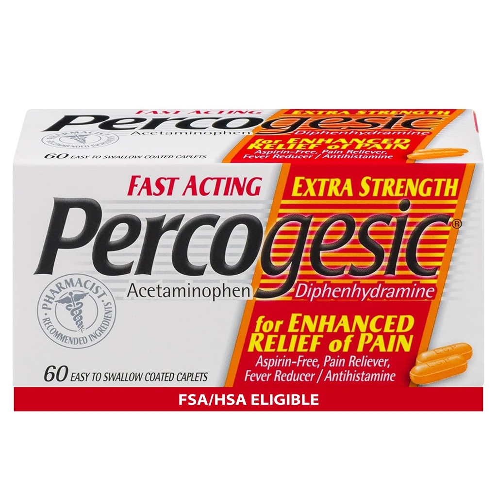 Percogesic extra Strength Acetaminophen & Diphenhydramine Schmerzlinderung, schnell wirkende Aspirin-freies Fever Reducer & Antihistamin, 60 Count