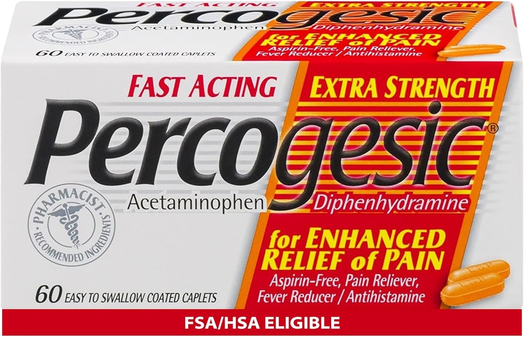 Percogesic extra Strength Acetaminophen & Diphenhydramine Schmerzlinderung, schnell wirkende Aspirin-freies Fever Reducer & Antihistamin, 60 Count