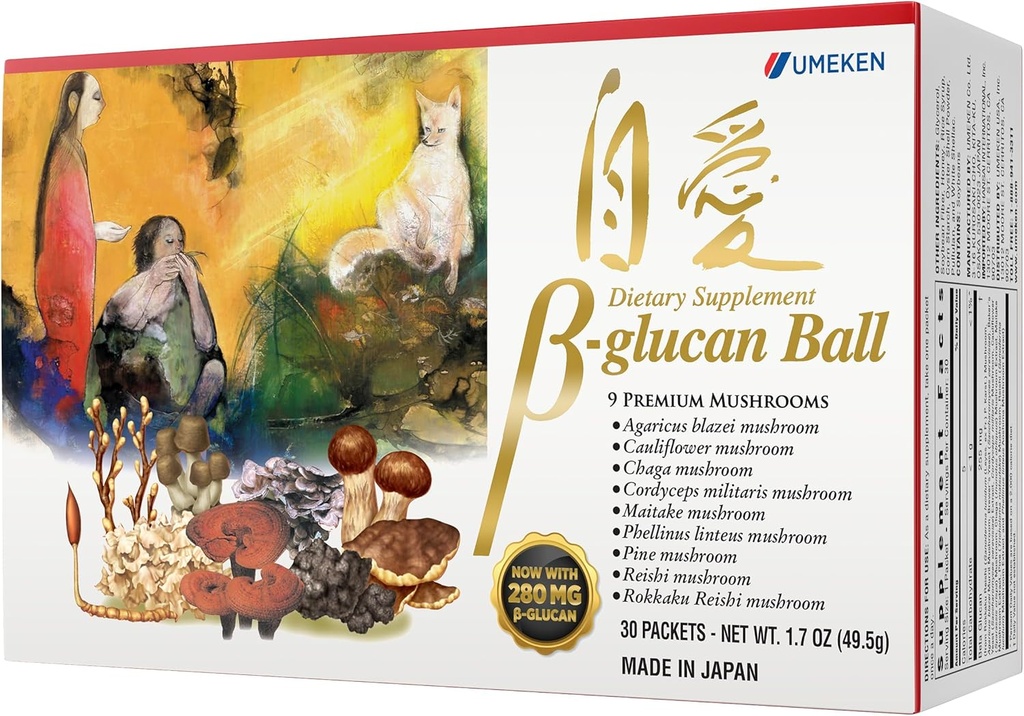 Umeken Beta Glucan, Immune Boost, Extrait de Champignon, Supplément alimentaire, Mélange de 9 Packets d'extrait de Champignon Premium, Facile à prendre Suppléments de Glucan Beta, 1 mois d'approvisionnement, 30 Count Box, Pack de 1