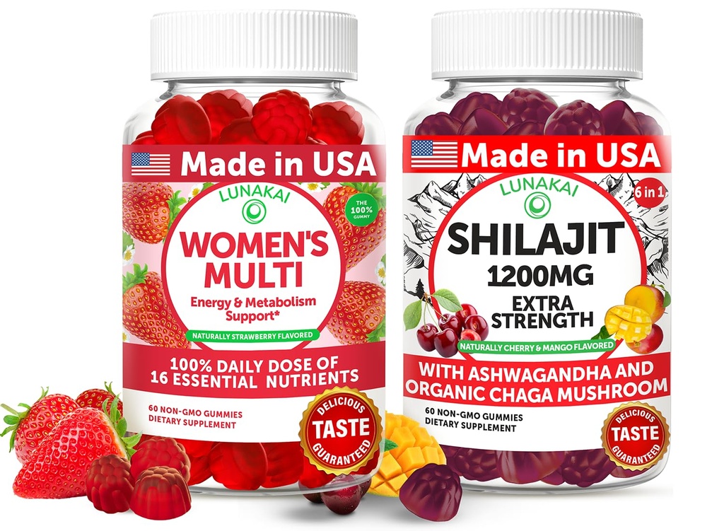 Lunakai USA Made Womens Multivitamin & Shilajit Gummies Bundle – Energy, Immune & Vitality Support – naturellement aromatisé – 60 Gummies non OGM