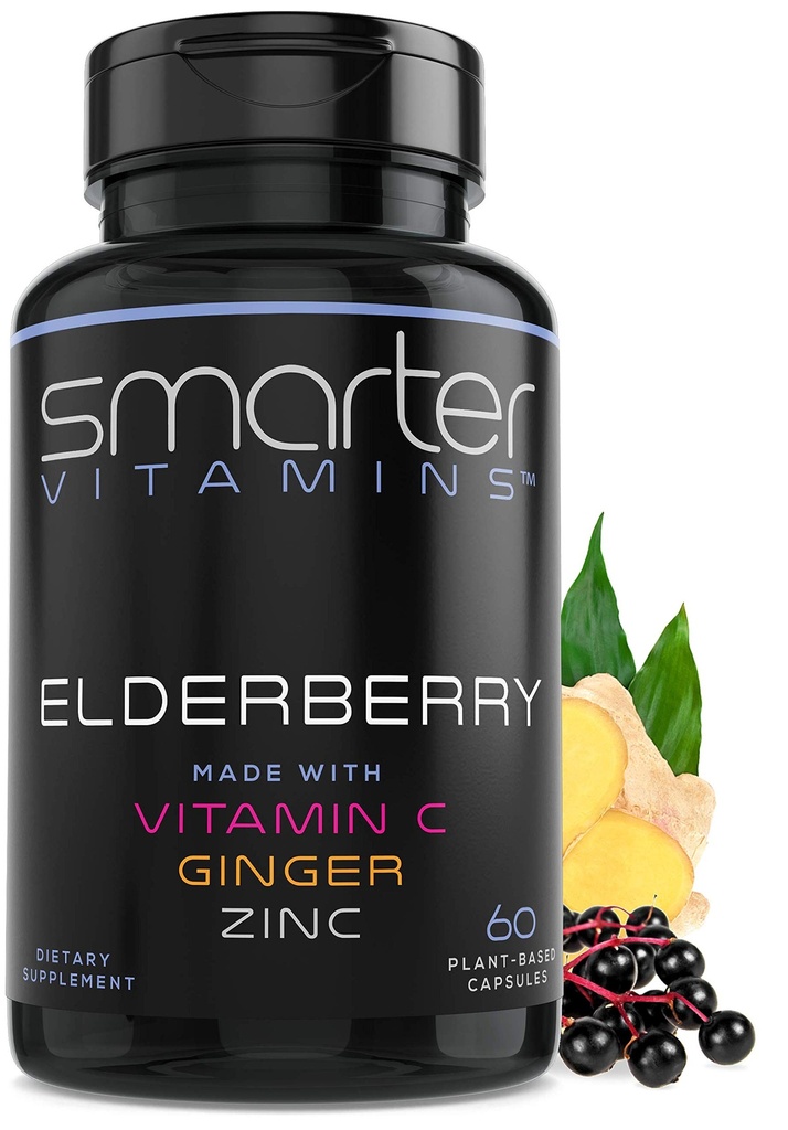 Smarter Elderberry Kapseln + Vitamin C + Ginger & Zink, Kräuterergänzung, Leistungsstarke schwarze Ältere Berry Extrakt Antioxidans Vitamin, 60 Vegan Pillen