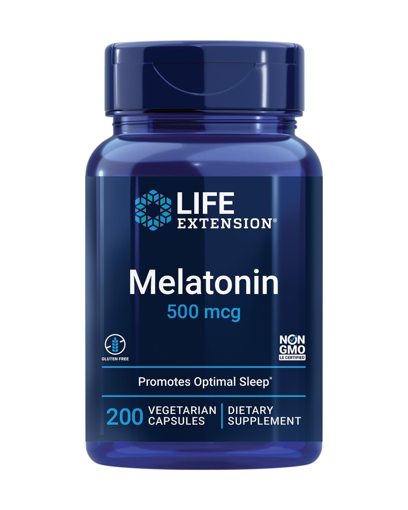 Prolongation de vie Melatonine, 500 mcg – favorise doucement le sommeil, la faible dose, la taille de la valeur – non-OGM, sans gluten, végétarien – 200 capsules