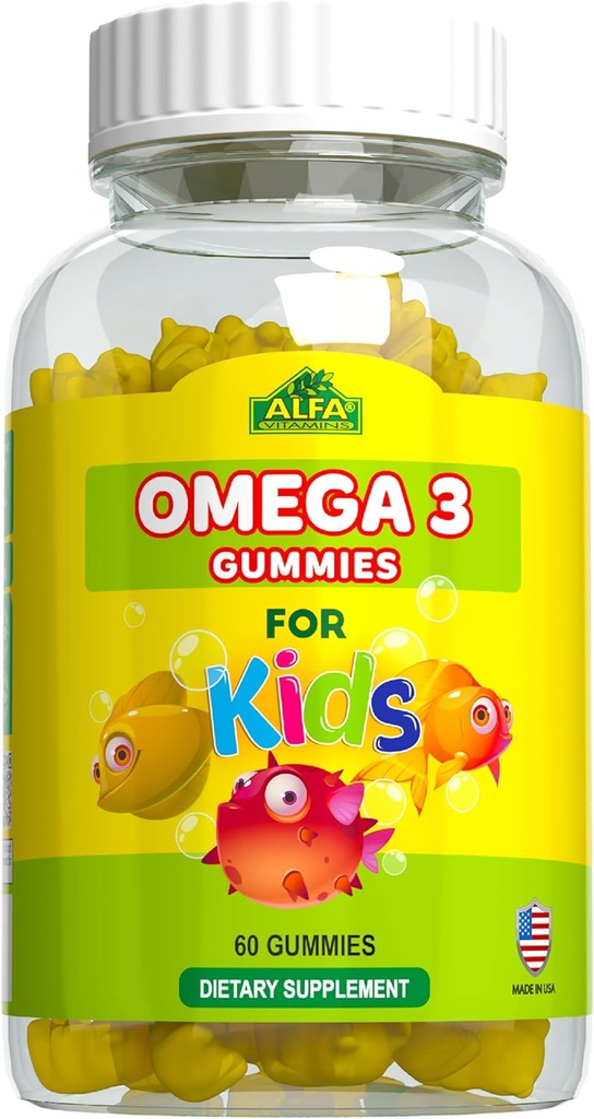 ALFA VITAMINS Omega 3 Kids Gummis, unterstützt Gehirnentwicklung, Herzgesundheit & Vision, einfach zu kauen, Omega 3 Ergänzung für Kinder, Orange Flavored, Kein Fischgeschmack, 3 Gummis täglich, 60 Gummies