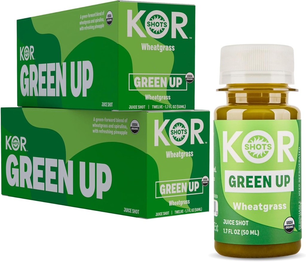 Kor Shot Wheatgrass Ginger Spirulina Shot - 24 Pack x 1.7 Fl Oz - Green Up Shot - Daily Greens Superfoods Shot - USDA Certified Organic