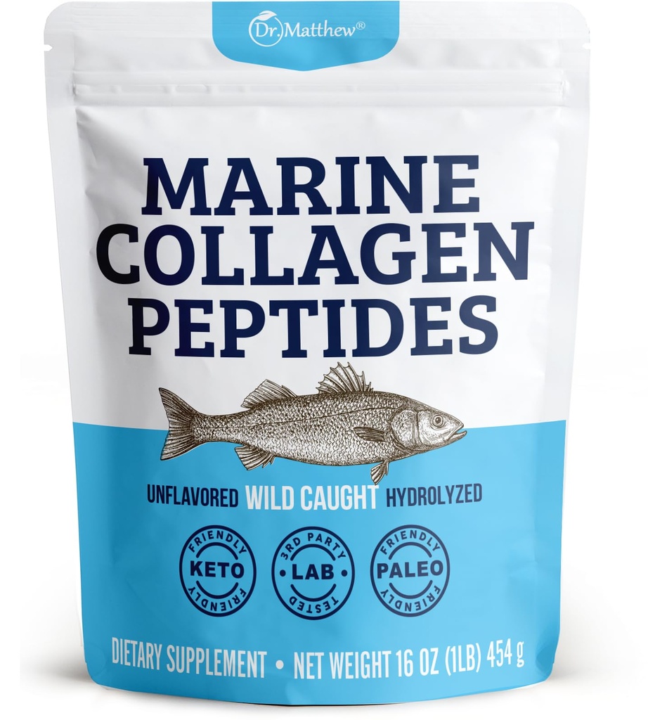 Dr. Matthew Marine Collagen Peptides Pulver aus hydrolysiertem wild gefangenem Fischprotein - Haar- und Schönheitsergänzungen für Frauen und Männer