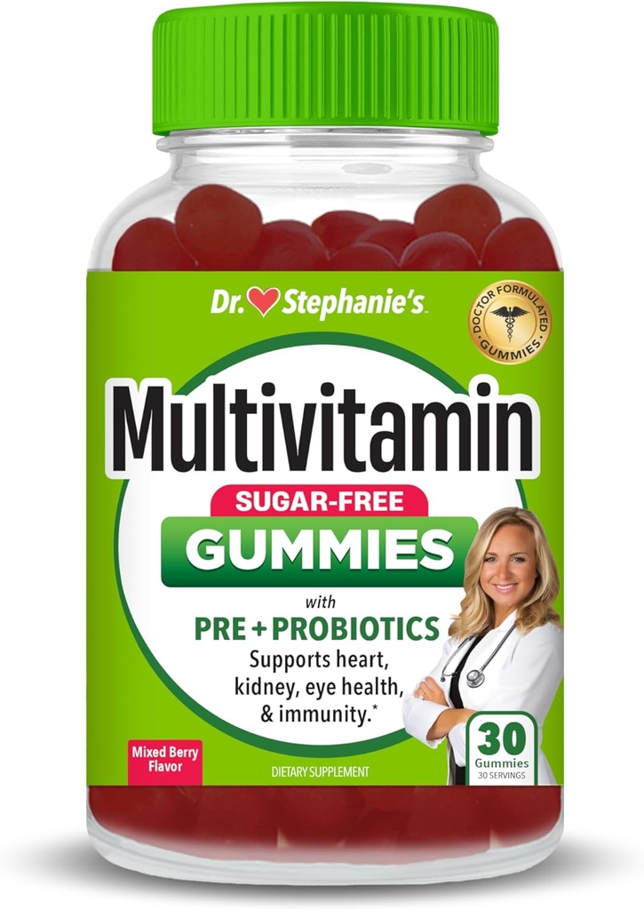 Dr. Stephanie's Multivitamin Gummies - Sugar-Free with Prebiotics & Probiotics - Daily Support for Eyes, Kidneys, Liver, Heart, & Digestive Health - Mixed Berry Flavor