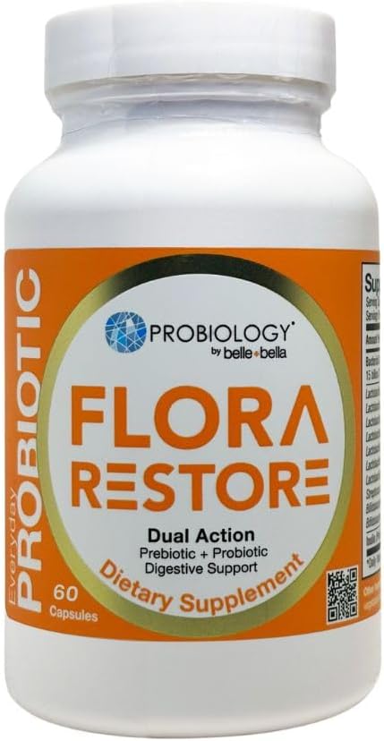 belle+bella Flora Restore Daily Probiotic - 15 milliards de cultures vivantes - Probiotiques et prébiotiques pour la santé digestive et gustative - Soutien immunitaire - Promotion de la régularité - Vegan & Gluten Free - 60 capsules