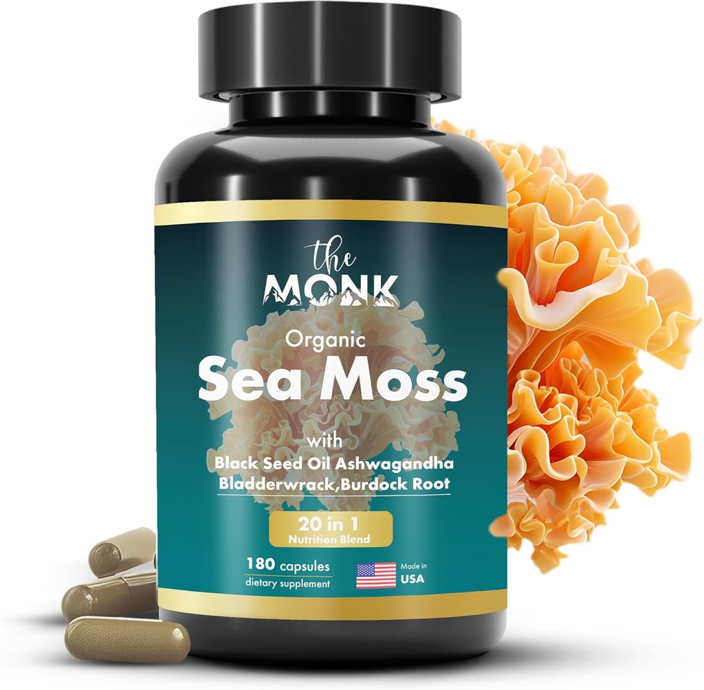 Organic Irish Sea Moss Capsules - Advance Formula, Raw Wildcrafted Seamoss Supplement mit Bladderwrack und Burdock Root - 180 Pillen - Made in USA