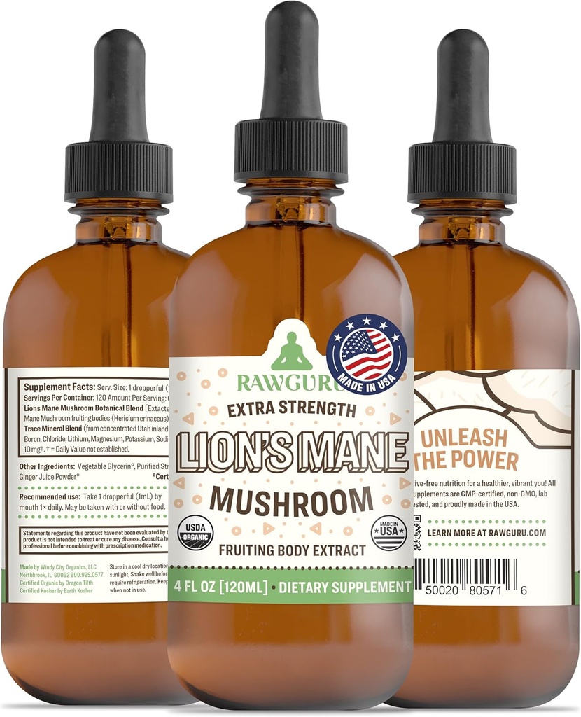 RawGuru Lion's Mane Mushroom Tincture - Vegan Lion's Mane Extract mit Trace Minerals - Nano-Processed Immunity Boost & Cognitive Supplement - 120 Portionen von Vegan Tropfen pro 120 ml, Packung von 1